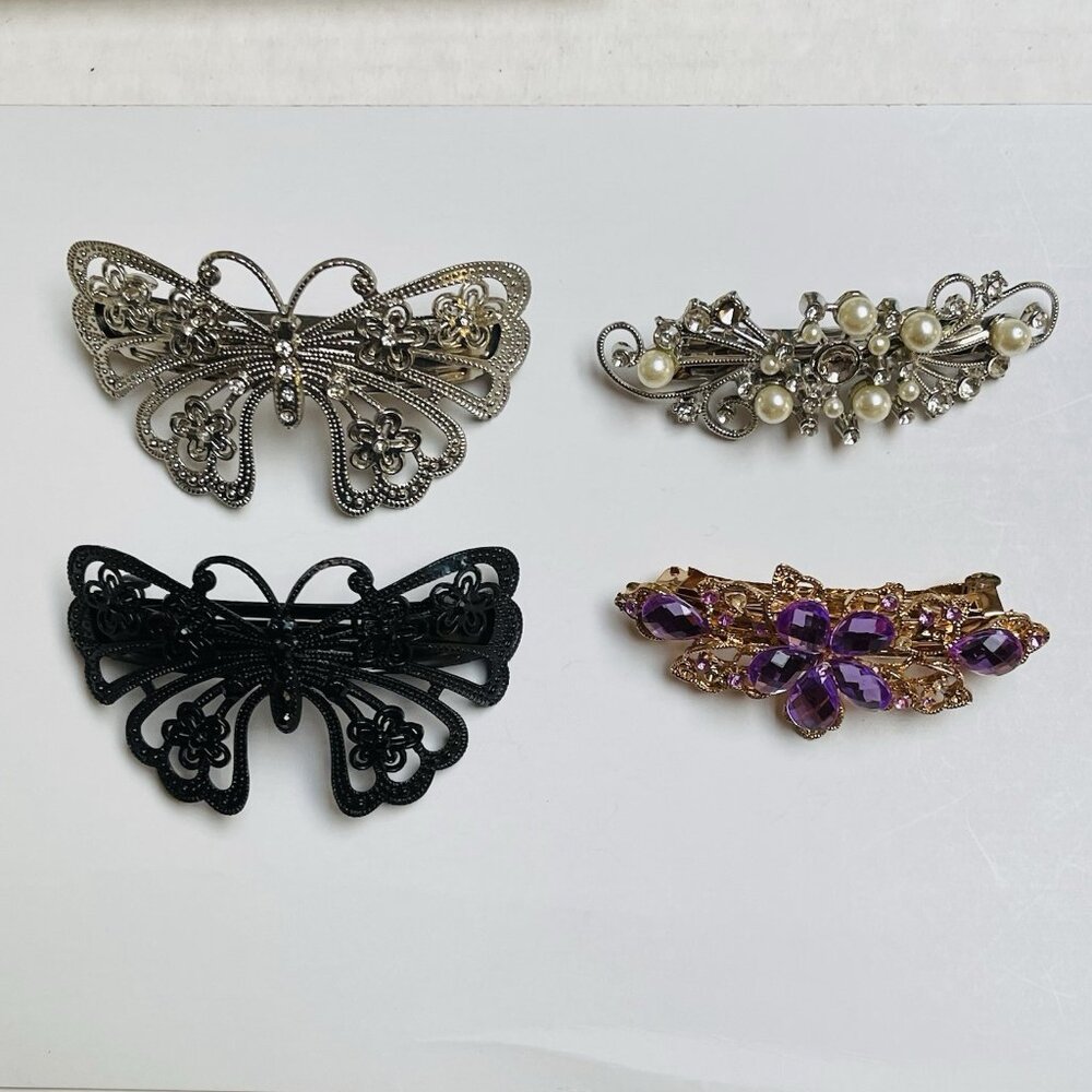 Large Butterfly Hair Clip Lot Of 4 Enamel‎ Crystals Rhinestones Garden Cottage